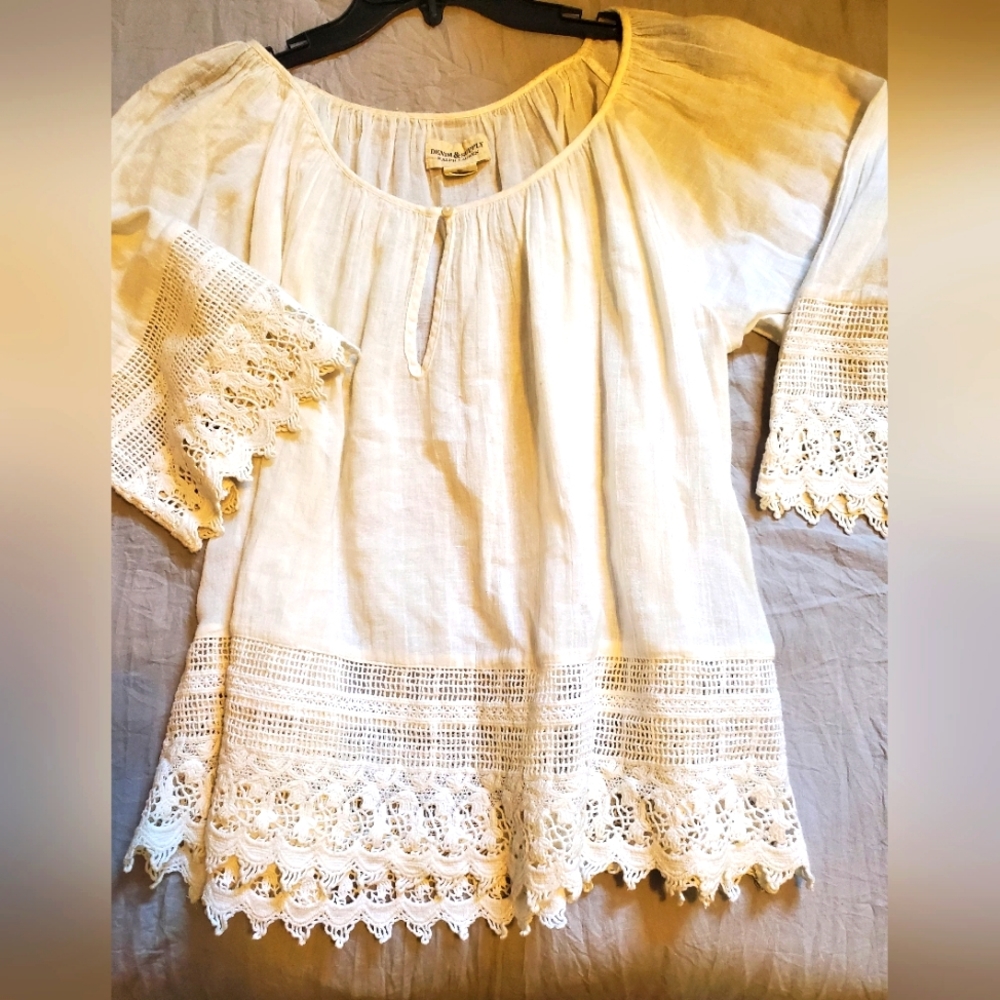 White Boho Blouse with Crocheted Lace Size Small Denim & Supply by Ralph Lauren